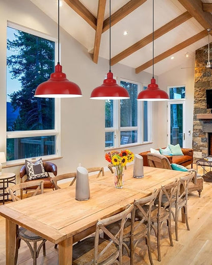 Red Dome Pendant Light 3 Pack, Farmhouse Pendant Lights Kitchen Island, 11.4’’ Industrial Metal Pendant Light Fixtures, Pendant Lighting for Dining Room Hallway Bar, Adjustable Height