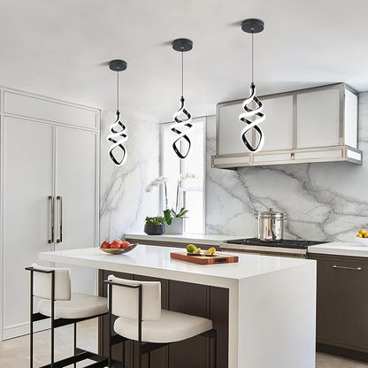 Modern Led Pendant Light Fixture, 15W Black Spiral Led Chandelier Hanging Lamp, 4500K Daylight White Pendant Lamp, Adjustable Height Pendant Light for Dining Room Bedroom Kitchen Island Cafe(2 Pack)