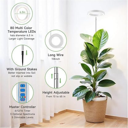Aokrean 6.3in Grow Light, 80 LED Full Spectrum Halo Plant Lights for Indoor Growing, Height Adjustable 10"-65" Growing Lamp, Auto Timer 6/12/16Hrs, 3 Lighting Modes, Idea for Large Plant, 3 Pack