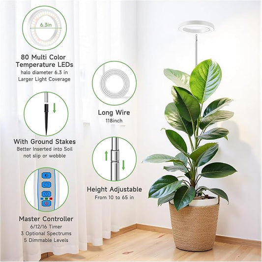 Aokrean Grow Light, 80 LEDs Full Spectrum Plant Light for Indoor Plants, Height Adjustable 10"-65" Growing Lamp with Auto Timer for 6/12/16Hrs,3 Optional Spectrums,5 Brightness, 1 Pack