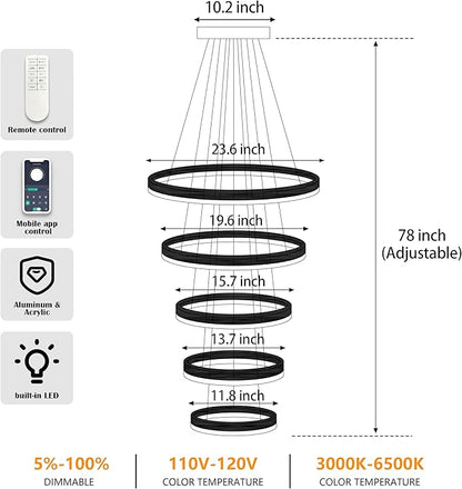 5 Rings Pendant Lights Modern Gold Led Chandelier Gold Modern Led Pendant Light Dimmable Height Adjustable Chandeliers for Dining Room Bedroom Entryway Living Room Foyer (3000K-6000K)