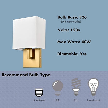 YUBOLE Gold Wall Sconces Mid Century Wall Light with Linen Shade Set of 2 Lamps Wall Mounted for Bedroom Stairway Indoor or Hotel-Hardwired