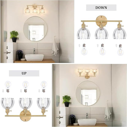 Shenmoyl Bathroom Light Fixtures, 3-Light Brass Vanity wall Light Over Mirror with Clear Tulip Glass Shade for Bedroom Living Room (Bulb Not Included)