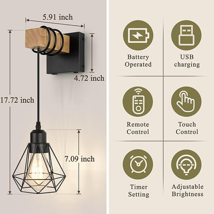 Battery Operated sconces Set of 2 for Bathroom, Dimmable Wall Sconces with Remote Control, Black LED Wireless Wall Lights for Living Room, Hallway, Bedroom(2 Pack)