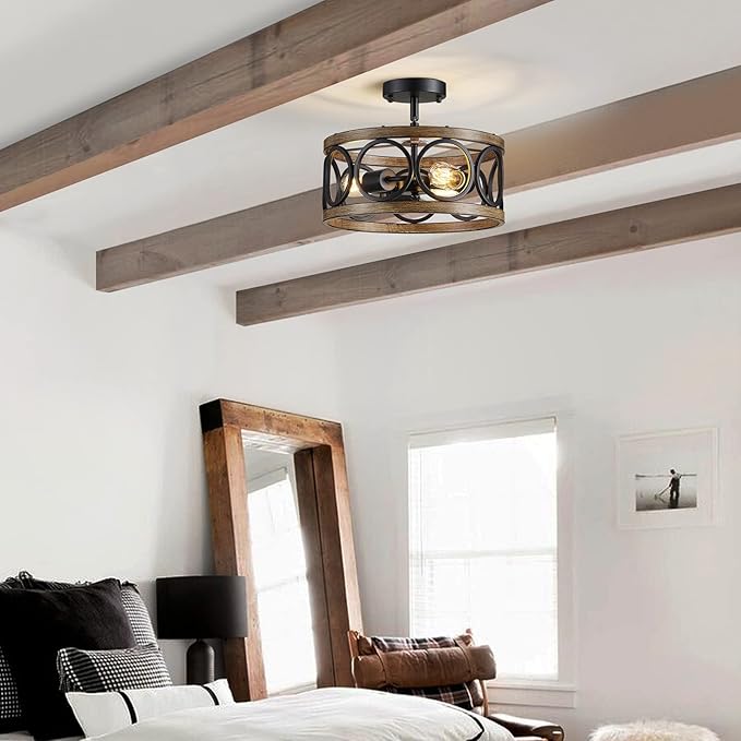 XINGQI Semi Flush Mount Ceiling Light Fixture Modern 3-Light Farmhouse Ceiling Lights for Bedroom Living Room Dining Room Entry Hallway Foyer 13" Black and Wood Grain Finish