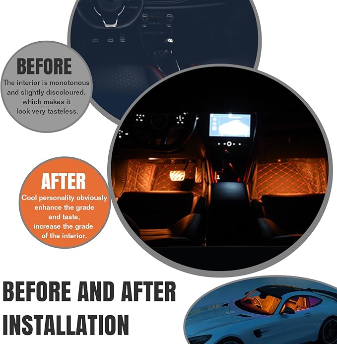 Car LED Strip Light, 24 LED RGB Auto Under Dash Interior Atmosphere Lights, 12V Ambient Night Light, Auto Interior Decorative Lamp, Universal Car Accessories (Orange, USB Port)