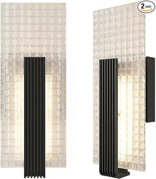 Modern Wall Sconce Set of Two Indoor, 12W Dimmable LED Wall Light Fixtures, Glass Wall Mount Lighting for Living Room Bedroom Bathroom Hallway Corridor, 3000K, Black
