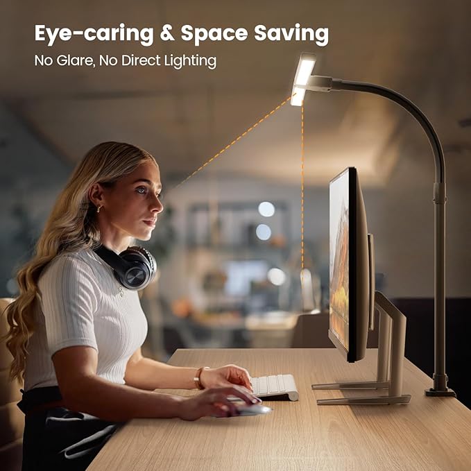 LED Desk Lamp for Home Office, 24W Computer Desk Light with Remote Control, Bright Table Lamp with Clamp Dimmable Tall Desktop Lighting with Bendable Gooseneck, Double Head, Black