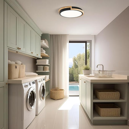 Modern LED Close to Ceiling Light, Round Shape Flush Mount Ceiling Light Fixture, Matte Black with Wood Accent, Minimalist Kitchen Lighting for Bedroom, Entryway, Laundry Room, Hallway 11.8in