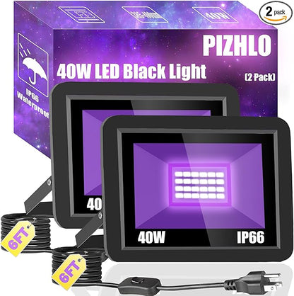 40W Black Light IP66 Waterproof Outdoor Flood Light with 6ft Cord+Plug+Switch, Blacklight Floodlight for Halloween Neon Glow in The Dark Fluorescent Poster Body Paint Bedroom 2 Pack