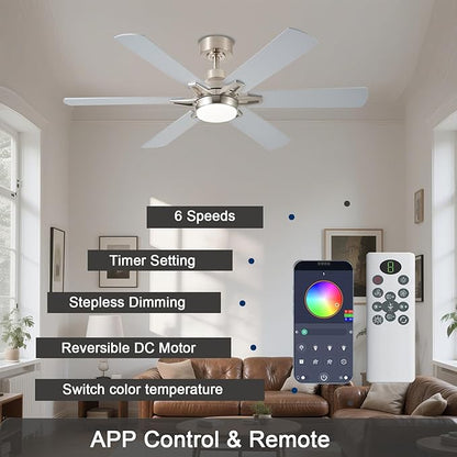 52in Ceiling Fans with Lights RGB Ceiling Fan with Light and Remote/APP Control,Low Profile Ceiling Fans with Lights for Bedroom,Living Room,Kids Room,3CCT Dimmable Modern Ceiling Fan, 6 Speeds,Nickel
