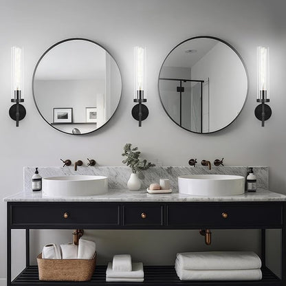 Brass Wall Sconces Set of Two with White Lights, 19.5'' Brushed Brass Knurled Bathroom Vanity Light Fixture with Clear Glass for Living Room Mirror Bedroom Stairs