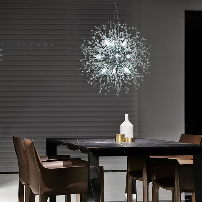 Modern Crystal Chandeliers Firework, 9-Light Chrome Dandelion Sputnik Ceiling Light Fixtures, Sputnik Chandelier Pendant Light for Bedroom Living Room Dining Room Kitchen Island Hallway