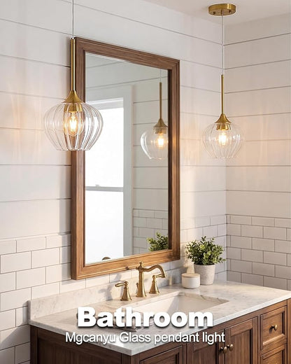 2-Pack Glass Pendant Lights Kitchen Island, 7" Modern Gold Pendant Lighting Adjustable Hanging Light Fixtures for Kitchen, Dining Room, Bathroom, Bedroom