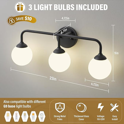 Bathroom Light Fixtures - 3 Light Brushed Brass Vanity Light Over Mirror for Bathroom Mirror Living Room Bedroom, Black Bathroom Wall Sconce with Frosted Glass Shade, 3 G9 Bulbs Included