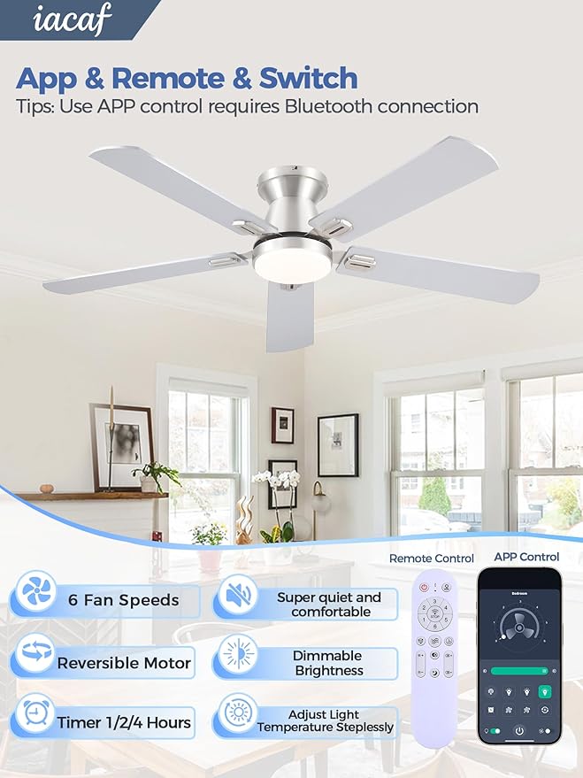 Ceiling Fans with Lights, 52'' Low Profile Ceiling Fan with Light and Remote/APP Control, Dimmable, Qiuet DC Motor, Flush Mount Ceiling Fan for Indoor Bedroom Living Room, Nickel