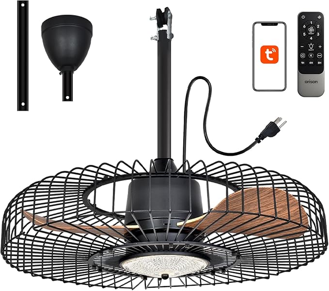 Orison Outdoor Ceiling Fans with Lights for Patio, 24" Weatherproof Ceiling Fan, Gazebo Fan Remote & APP Control, 3CCT Dimmable,Caged Plug in Ceiling Fan with Hanging Hook for Pergola Porch Canopy