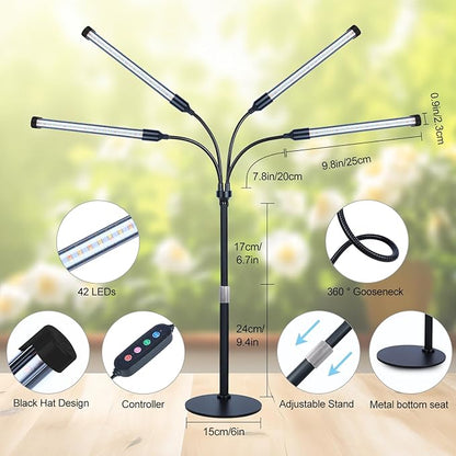4Head Desk Grow Light, Tabletop LED Grow Lights for Indoor Plants for Bonsai, Seed Starting, Succulents, 36 Watt Power Draw, 4/8/12/16/20H Timer, 16"-24" Height Adjustable