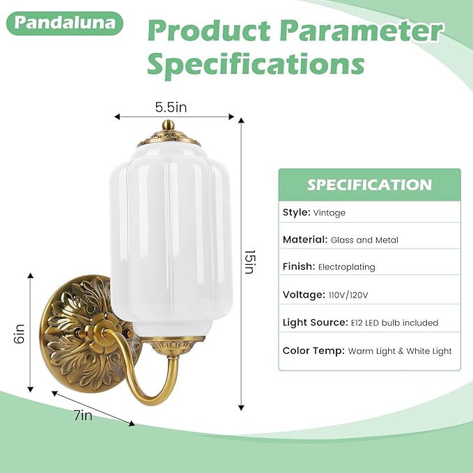 Vintage Wall Sconce, White Milk Glass Light Fixture, 5.5In Art Deco Antique Wall Sconce for Bedroom Bathroom Living Room Hallway Entryway, E12 LED Bulb Included, Antique Gold & White 1 Pack