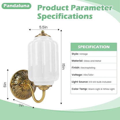 Vintage Wall Sconce, White Milk Glass Light Fixture, 5.5In Art Deco Antique Wall Sconce for Bedroom Bathroom Living Room Hallway Entryway, E12 LED Bulb Included, Antique Gold & White 1 Pack