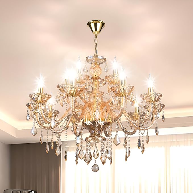 Luxury K9 Crystal Amber Color Modern Classic 15 Lights Ceiling Chandelier with Adjustable Height E12 Candelabra Base Fixture for Dining Room Kitchen Living Room