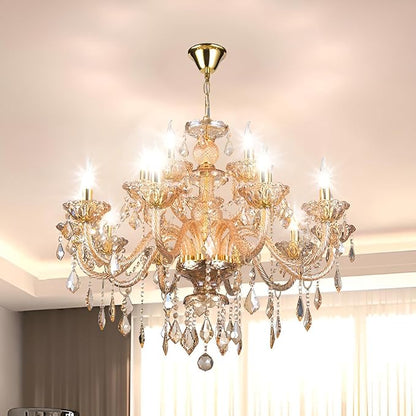 Luxury K9 Crystal Amber Color Modern Classic 15 Lights Ceiling Chandelier with Adjustable Height E12 Candelabra Base Fixture for Dining Room Kitchen Living Room