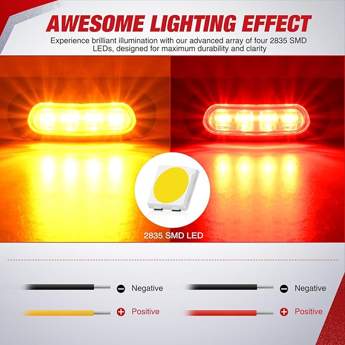 Nilight 20PCS Amber Red Oval Side Marker Lights 4 LED 3.7 Inch Clearance Lamp IP68 Waterproof DC 12-24V with Chrome Bezel Universal for Car Auto Truck Bus Trailer Boat Deck