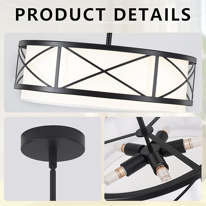 19.7'' Modern Drum Chandelier, 5-Light Round Chandeliers for Dining Room Farmhouse Pendant Light with White Fabric Shade for Kitchen Living Room Entryway Bedroom (Black)