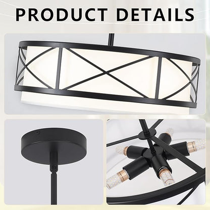 19.7'' Modern Drum Chandelier, 5-Light Round Chandeliers for Dining Room Farmhouse Pendant Light with White Fabric Shade for Kitchen Living Room Entryway Bedroom (Black)