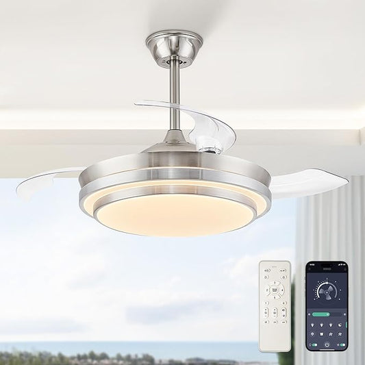 LEDIARY Retractable Ceiling Fans with Lights and Remote, 42 Inch Fandelier Ceiling Fans with LED Lighting, Smart Modern Ceiling Fan, Stepless Color Changeable, Dimmable, Timer Setting, Brush Nickel