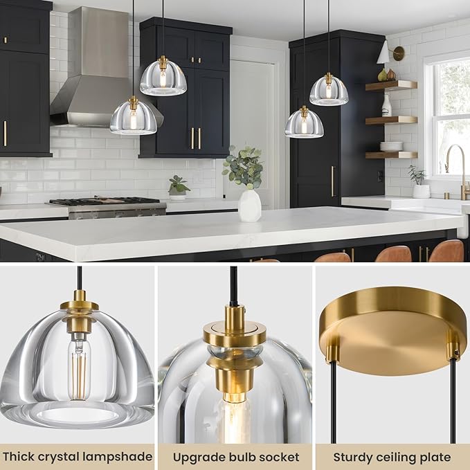 2 Head of Hemispher K9 Crystal Pendant Light with Brass Rod,7.1" Dimmable Contemporary Light Above Dining Table,Modern Ceiling Hanging Lighting for Bedroom E12 Bulbs Included