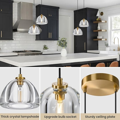 2 Head of Hemispher K9 Crystal Pendant Light with Brass Rod,7.1" Dimmable Contemporary Light Above Dining Table,Modern Ceiling Hanging Lighting for Bedroom E12 Bulbs Included