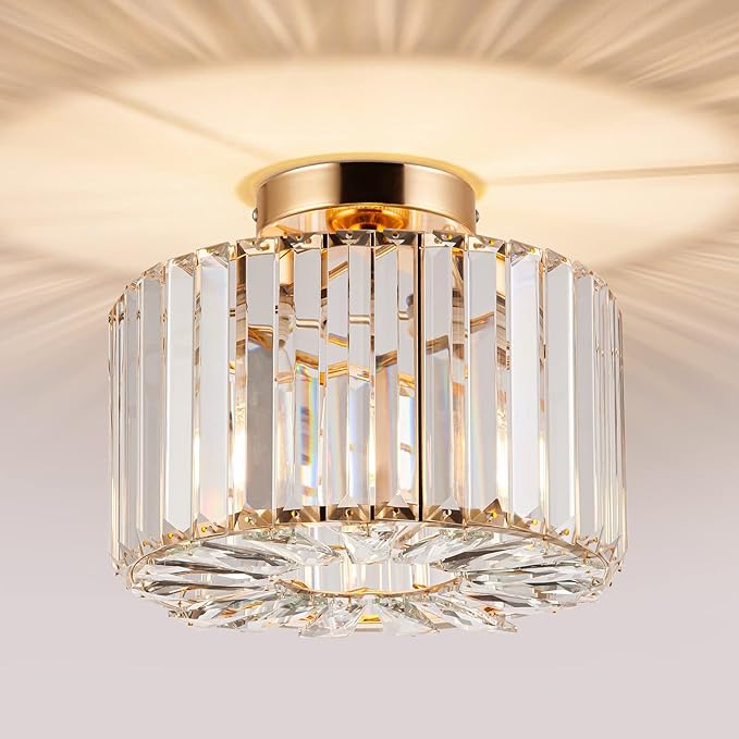 HOPGGIE 10.6 Inch Gold Chandelier Flush Mount Ceiling Light Mini Small Crystal Chandeliers Modern Hallway Light Fixtures Ceiling for Entryway Bedroom Bathroom Kitchen