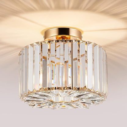 HOPGGIE 10.6 Inch Gold Chandelier Flush Mount Ceiling Light Mini Small Crystal Chandeliers Modern Hallway Light Fixtures Ceiling for Entryway Bedroom Bathroom Kitchen