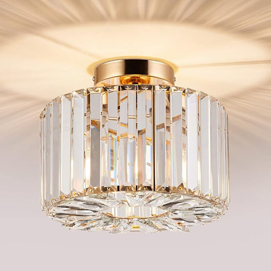 HOPGGIE 10.6 Inch Gold Chandelier Flush Mount Ceiling Light Mini Small Crystal Chandeliers Modern Hallway Light Fixtures Ceiling for Entryway Bedroom Bathroom Kitchen