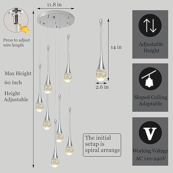 Modern Crystal Chandelier 7-Lights Chrome, H60'' High Ceiling Spiral Dimmable LED Bubble Crystal Raindrop Light Fixture for Foyer Entryway Dining Room Remote Control