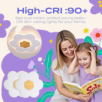 LED Ceiling Light Fixture 15.7in Dimmable Flower Shape Wooden Nursery Light with Remote for Kids Room, Bedroom, Living Room