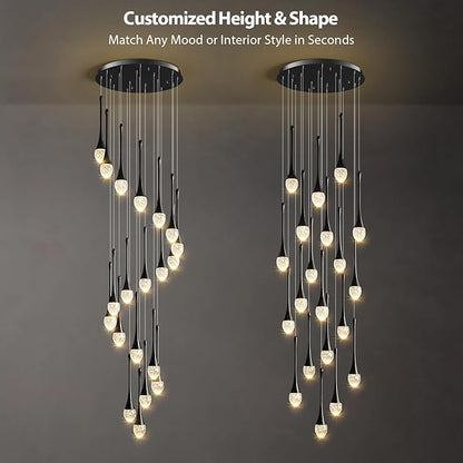 Raindrop Crystal Chandelier High Ceiling: 20 Lights Dimmable LED With Remote - Large Long Modern Bubble Hanging Pendant Light Fixture Spiral Chandeliers for Living Room Staircase Entryway Foyer Black