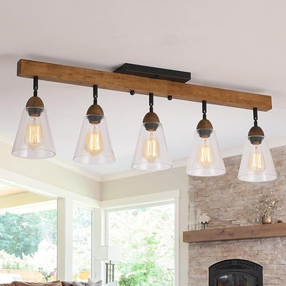 5-Light Large Rustic Farmhouse Wood Flush Mount Ceiling Light Fixture Clear Seeded Glass Shade and Oak Wood Track Semi Flush Mount Ceiling Light for Kitchen Living Room Bedroom Indoor, Black