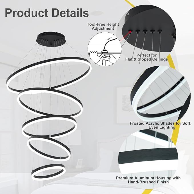 5 Rings Modern LED Chandelier Black Large High Ceiling Chandeliers with Remote Control Contemporary Pendant Light Dimmable for Staircase Entryway Living Room Foyer Villa(3000K-6500K D31.5)