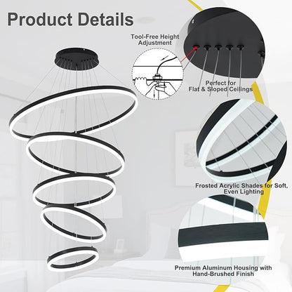 5 Rings Modern LED Chandelier Black Large High Ceiling Chandeliers with Remote Control Contemporary Pendant Light Dimmable for Staircase Entryway Living Room Foyer Villa(3000K-6500K D31.5)