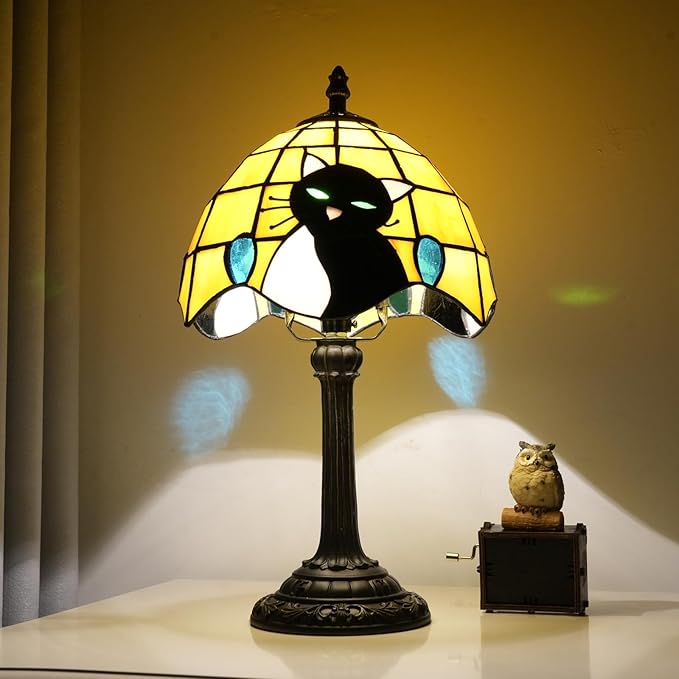 Tiffany Stained Glass Small Cat Table Lamp Elegant Cute Vintage Style White Black Cat Lamp for Nightstand Bedroom Home Decor Kitchen Counter Antique Living Room Office Desk Bedside Night Lamps