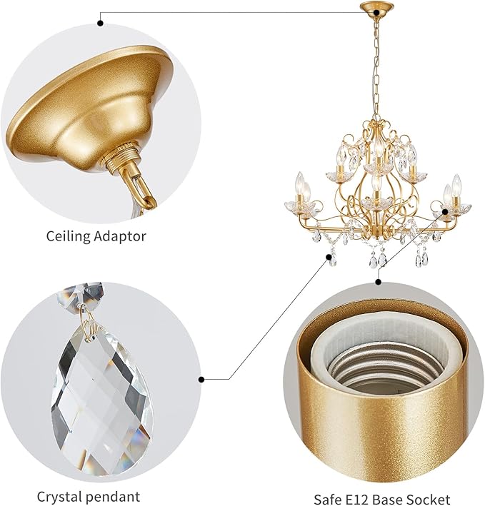 WUZUPS 9-Light Crystal Candle Chandelier Pendant Flushmount Ceiling Light Modern Lighting Fixture for Bedroom Hallway Bar Kitchen Bathroom, H 18.1" x W 25.6", Gold, E12 Base