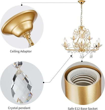 WUZUPS 9-Light Crystal Candle Chandelier Pendant Flushmount Ceiling Light Modern Lighting Fixture for Bedroom Hallway Bar Kitchen Bathroom, H 18.1" x W 25.6", Gold, E12 Base