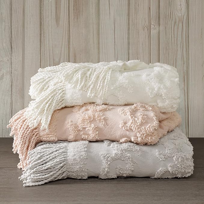 Madison Park 100% Cotton Tufted Chenille Design With Fringe Tassel Luxury Elegant Chic Lightweight, Breathable Cover, Luxe Cottage Room Décor Summer Blanket, 50" x 60", Blush