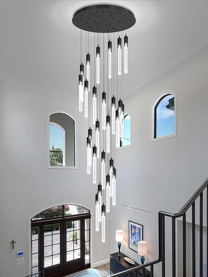 Flashing God Black 28 Lights Large Foyer Chandeliers for High Ceilings 12 feet Long Spiral Stair Pendant Chandelier Crystal Ceiling Light Fixtures Dimmable 2700k-4500k-6000k