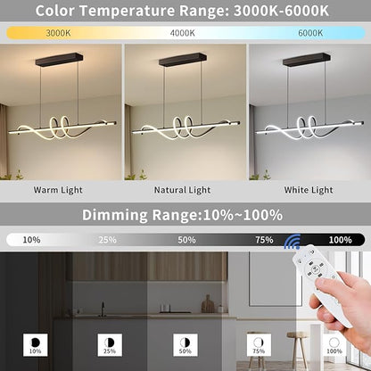 Modern LED Pendant Lights, Ceiling Chandelier Dimmable with Remote Control 3000k-6000K Adjustable Color Temperature, Aluminum Island Lighting Lamp Fixture for Kitchen, Dining Room(39in Black)