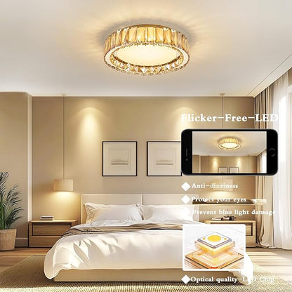 Amber Crystal Dimmable Flush Mount Ceiling Light, Gold Modern LED Close to Ceiling Light Fixture with 5CCT 2700K-6000K, Round Kitchen Lighting for Bedroom,Laundry Room, Hallway, Living room (15in 36W)