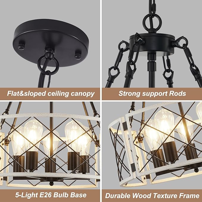 21'' Farmhouse Chandelier, 5-Light Black & Vintage White Dining Room Light Fixture Over Table, Rustic Industrial Drum Hanging Pendant Lights for Kitchen Island Living Room Bedroom Hallway Entryway