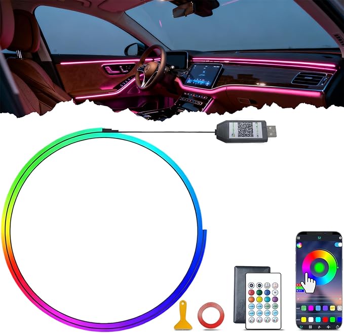 DIBMS APP Controlled RGB Car Interior Light Strip, 43.3 Inches Acrylic Auto Ambient Lighting Kit with Dreamcolor Chasing, Center Console Dashboard Lamps with APP Remote Control